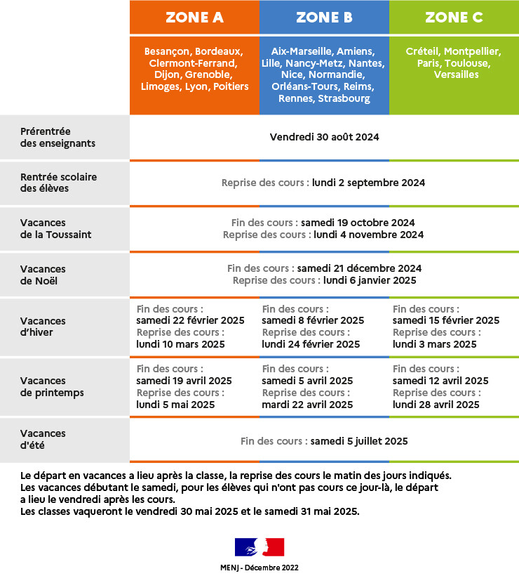 calendrier scolaire 2024-2025